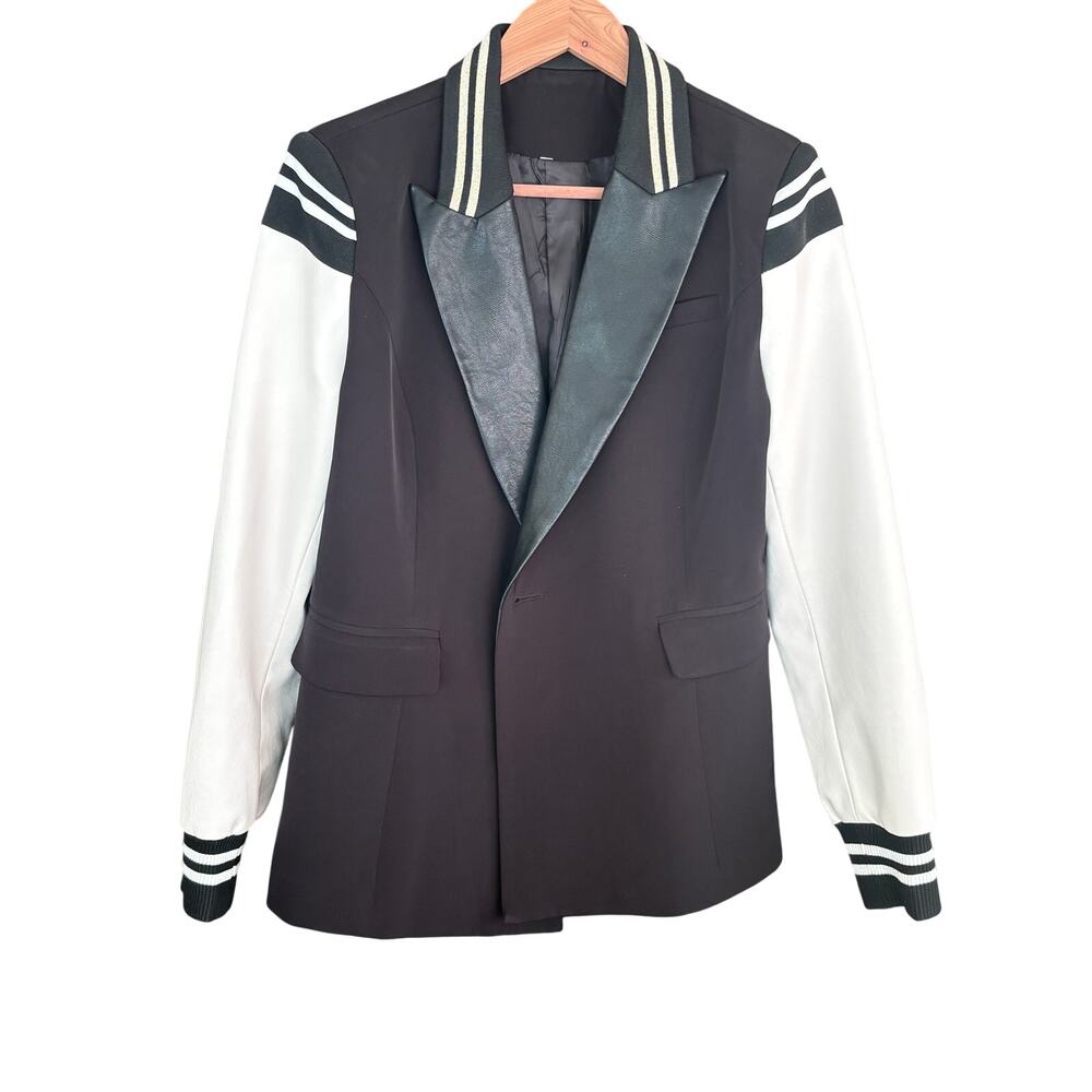Faux Leather Varsity Blazer M Black White Jacket Academia Prep Blogger Fave